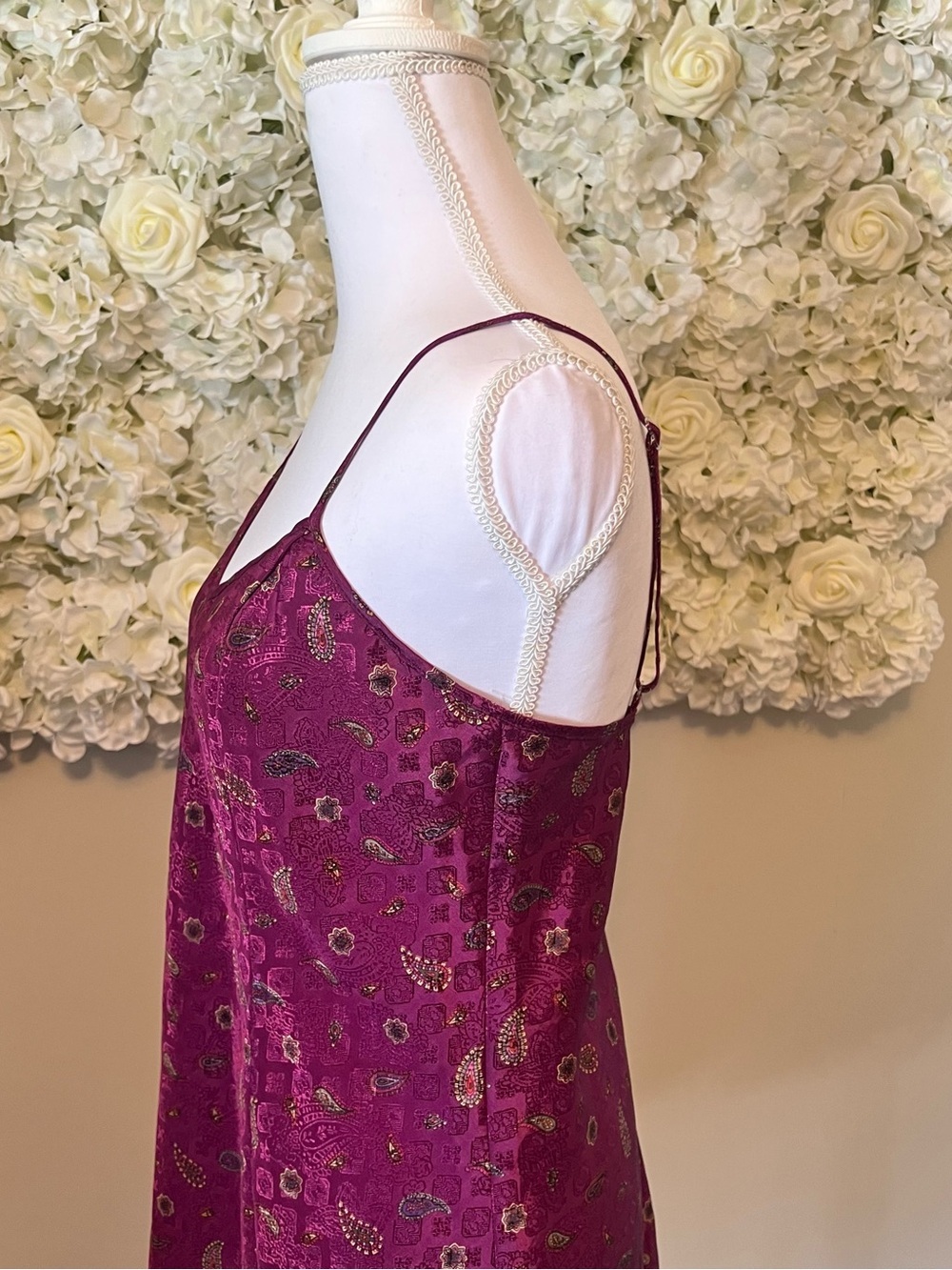 Magenta Paisley Satin Slip Dress with Adjustable Straps Vintage - Picture 6 of 8